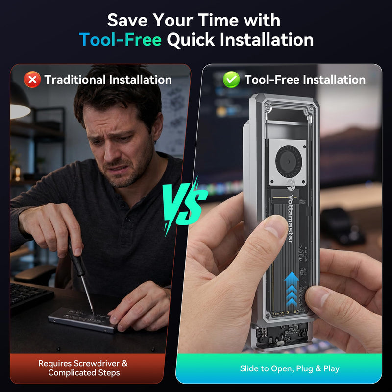 Yottamaster M.2 NVMe SSD Enclosure 40Gbps, for Thunderbolt 4/USB4 Interface | Features Active Cooling Fan, Aluminum, And Crystal Case Supports 2280 SSDs Up To 8TB For Gaming & Video Editing transparent