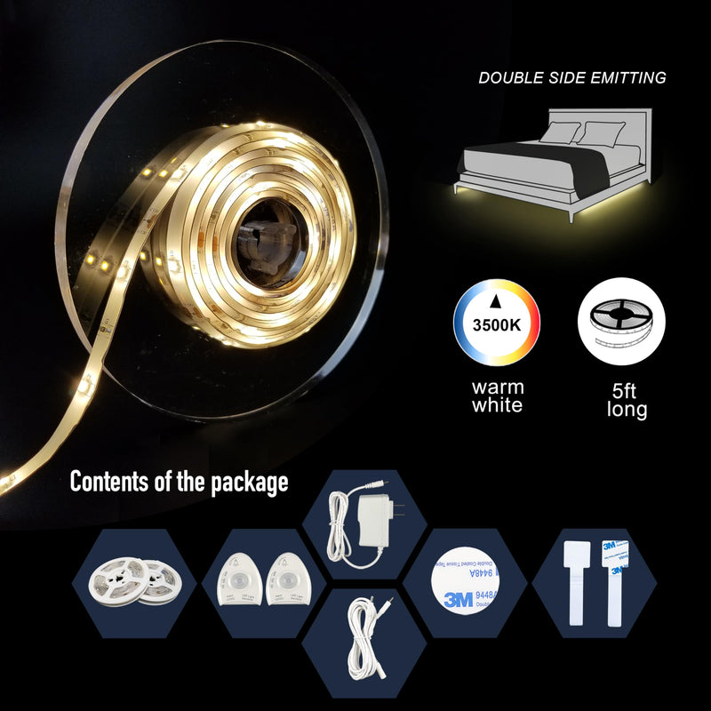 [AUSTRALIA] - Under Bed Lights Motion Sensor, Motion Activated Bed Lighting,12V Power Adapter, Dimmable LED Strip Night Light for Bedroom,Stairs,Crib,Cabinet,Warm White -2 x 5FT -Dual Kit Dual (5FT x 2) 