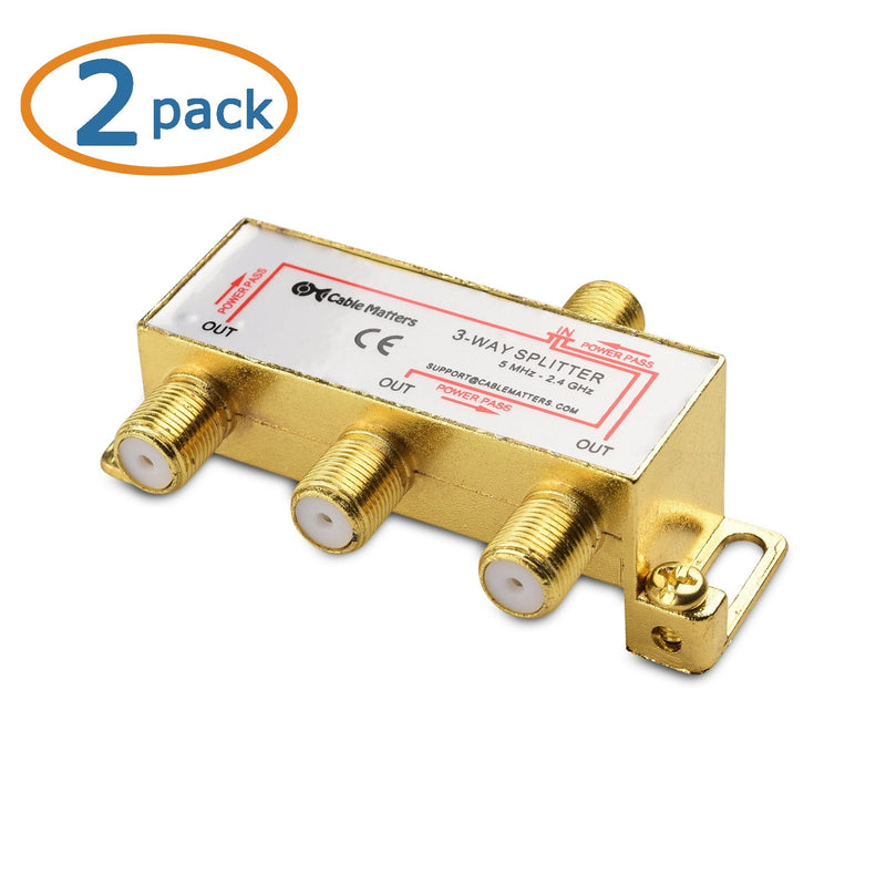 Cable Matters 2-Pack 2.4 Ghz 3 Way Coaxial Cable Splitter for STB TV, Antenna and MoCA Network - All Port Power Passing - Gold Plated and Corrosion Resistant 3-Way