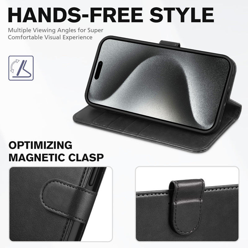 TUCCH Case Wallet for iPhone 15 Pro Max, RFID Blocking 4 Card Holder Kickstand Shockproof TPU Inner Case, PU Leather Magnetic Flip Folio Cover, Black