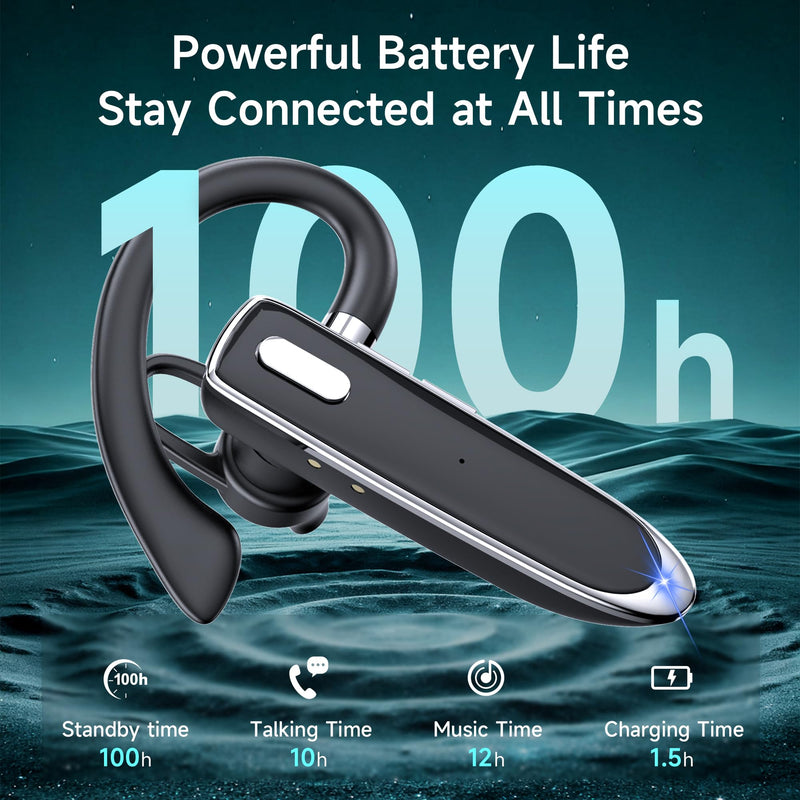 Wireless Single Ear Bluetooth V6.1 Headset, Business Earpiece with Mic | CVC8.0 Noise Cancelling,100H Playtime, LED Display, Dual Device Pairing, Mute Button for Office, Driving, Trucker Black