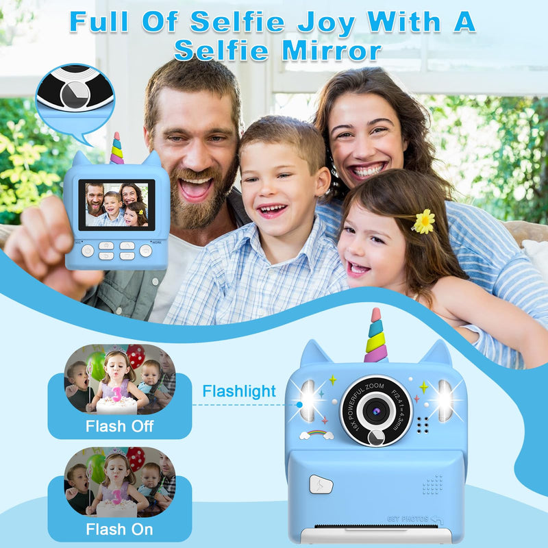 Instant Print Camera for Kids - Christmas Birthday Gift Toy for Girl Boy Age 3-9, Children Selfie Digital Cameras with Cartoon Soft Silicone Cover, Print Black White Photo with 32GB Card (Blue) Blue