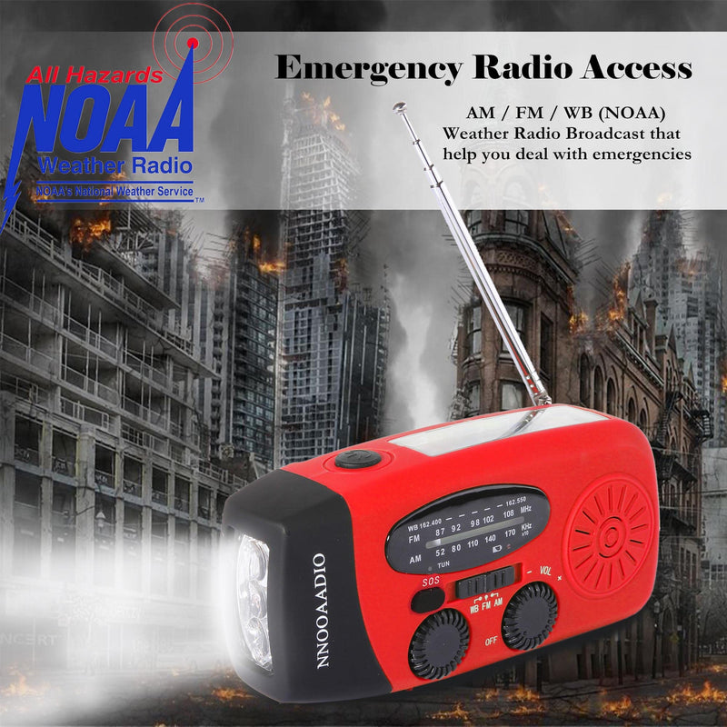 2000mAh SOS Alarm Emergency AM FM Weather Radio, 3LED Type-C Hand Crank Solar Battery Operated Portable Wind Up Radio Flashlight, Cell Phone Charger Survival Kit (Red)