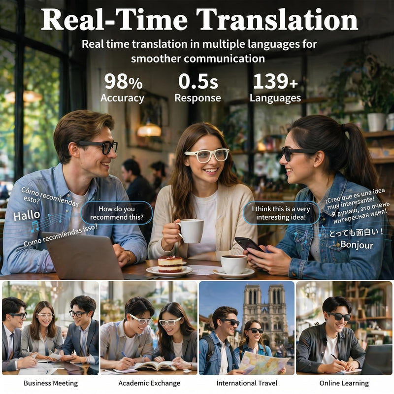 New AI Smart Glasses with Camera, 8MP 4K Video Recording Glasses with Photo | Hands-free Photo/Video, ChatGPT AI, 139 languages translation, Open-ear audio, Travel & vlogging, Sunglasses & Clear Included Black Frame - Sunglasses Lens(Clear Lens)