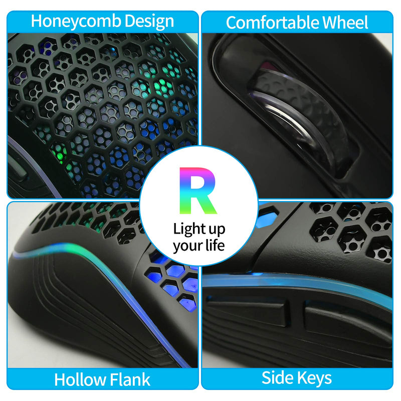 Honeycomb Wired Gaming Mouse, RGB Backlight and 7200 Adjustable DPI, Ergonomic and Lightweight USB Computer Mouse with High Precision Sensor for Windows PC & Laptop Gamers (Black) Black