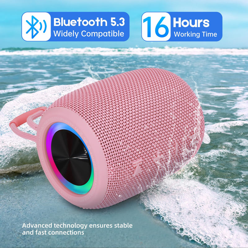 [AUSTRALIA] - Portable Bluetooth Speaker, BT5.3 Wireless Speaker 20W Bass Diaphragms with Multi LED Light Dynamic Modes, IPX6 Waterproof 16H Playtime supports FM Mode, TF, USB for Home, Cycling, Outdoor, Beach Pink 