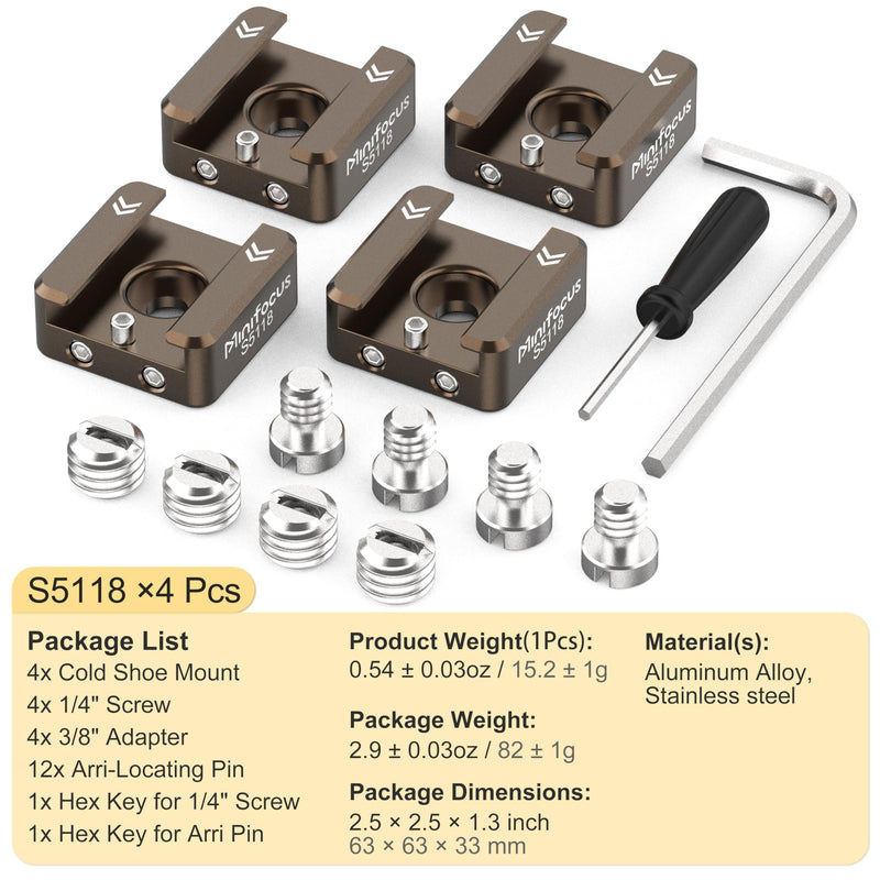 MINIFOCUS Cold Shoe Mount(4 Pcs), 1/4"-20 Screw with Locating Pins Compatible for ARRI Standard Mounting Points, with 3/8"-16 Adapter for Camera Cage Flash LED Monitor Microphone Sienna 4 PCS