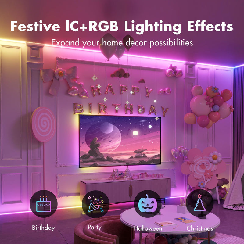 Led Lights for Bedroom 100FT Smart IC+RGB, Music Sync Color Changing Strip Lights, 24Key Remote+App Control Light Strip for BedHead,Underbed,Ceiling,Background Wall(2Rolls of 50FT)