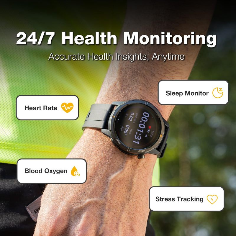 AGM Legion Rugged Smart Watch, AMOLED Activity Tracker for Outdoors, Black | GPS Fitness Tracking, Bluetooth Calling, Heart Rate SpO2 Sleep Monitor, Step Counter, Alerts, Custom Faces for iPhone Android