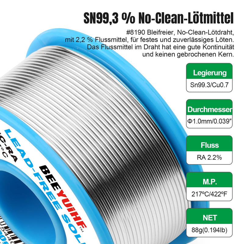 BEEYUIHF Solder Wire, Lead-Free, Sn99.3 Cu0.7 Solder with Flux, Electronic Solder Wire with Rosin Core (1.0 mm, 100 g)