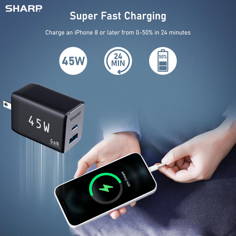 Sharp USB C Charger, 45W, 2 Port (USB A+C) Compact Foldable GaN Fast Charge for iPhone 15/15 Plus/15 Pro/15 Pro Max/14, Galaxy, Pixel 4/3, iPad/iPad Mini - Black