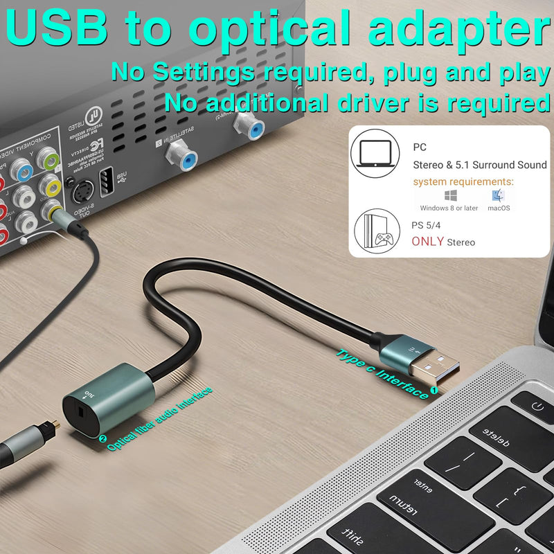 Duttek USB to Optical Audio Adapter, Unidirectional USB A to SPDIF TOSLINK Digital Audio Converter, USB Sound Card for PS4/PS5/PC/Laptop/TV, Compatible with Windows/Mac, No Driver Required, 7.87inch