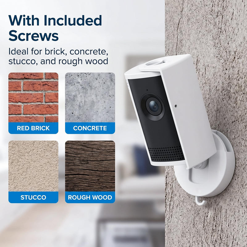 No Drill Camera Mount for Ring Indoor Cam Plus 2K and Ring Indoor Cam, 2 Pack No-Damage Adhesive Wall Mount with Optional Reinforcement Screws, Perfect for Apartments & Home Rentals, White