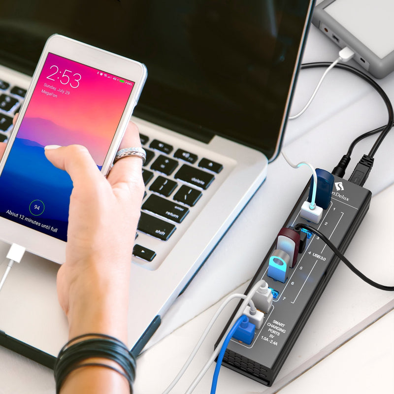 SmartDelux Powered USB Hub - 10-Port USB 3.0 Hub with 7 USB 3.0 Ports, 3 Smart Charging Ports, Power Adapter, Long Cord, LEDs - Black Aluminum 10-port USB Hub