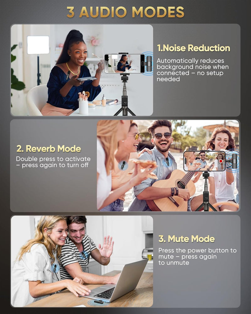 Wireless Lavalier Microphone for Android/iPhone/Computer/Laptop, Wireless Mic for iPhone15 with Noise Reduction Chip, Mini Microphone for Recording Podcast YouTube, TikTok(2 Pack)
