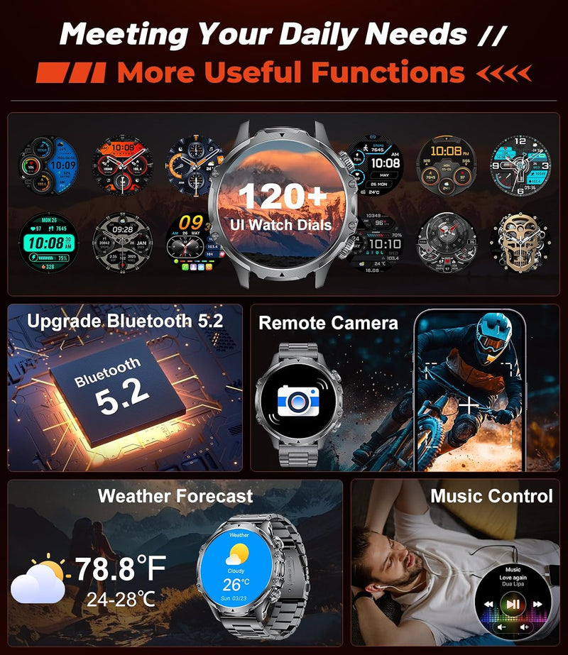 Military Smart Watch for Men Answer/Make Call, 1.85'' HD Rugged Smartwatch with 1000mAh Battery/Flashlight/Heart Rate/110+ Sports Mode, IP68 Waterproof Fitness Tracker Watch for Android iPhone Black