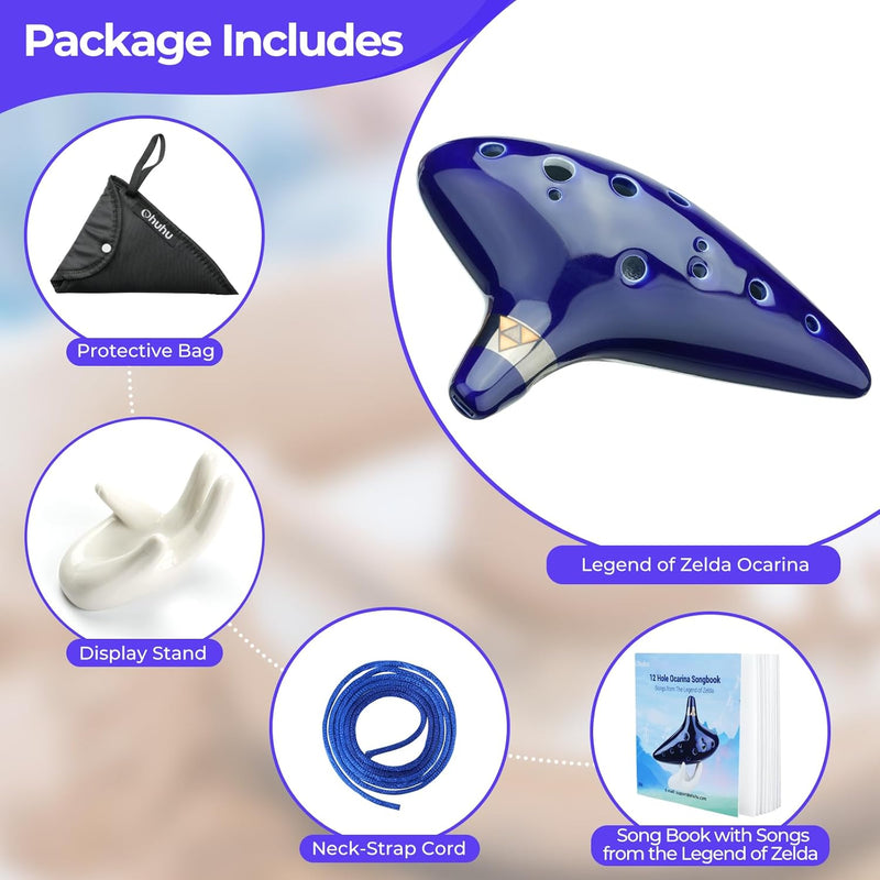 Aovoa Legend of Zelda Ocarina 12 Hole Alto C with Getting Started Guide Display Stand and Protective Bag BLUE NEW
