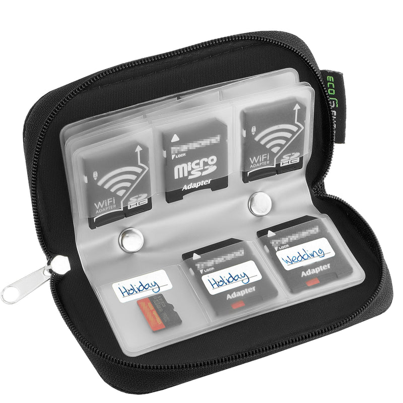 Eco-Fused Memory Card Case - Fits up to 22x SD, SDHC, Micro SD, Mini SD and 4X CF - Holder with 22 Slots - Microfiber Cleaning Cloth Included Black