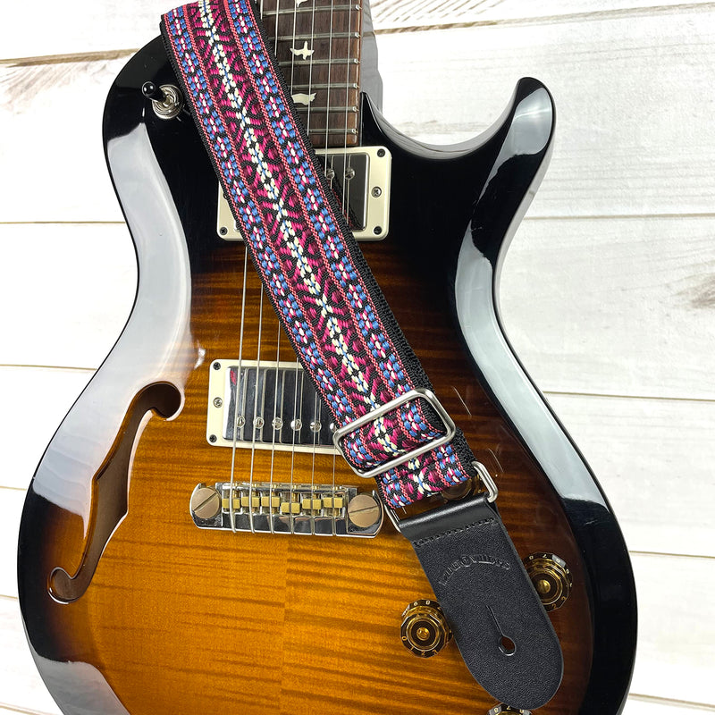[AUSTRALIA] - Walker And Williams H-19-M Vintage Series Guitar Strap Red, Blue & Cream Yucatan Style Weave With Thick Leather Ends For Acoustic, Electric, And Bass Guitars 