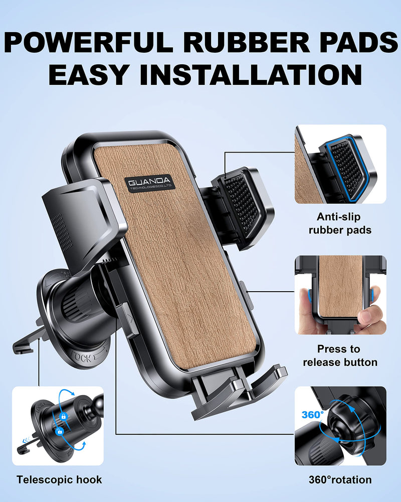 Air Vent Car Phone Holder, Adjustable Wide Clamp, Metal Hook, Anti-Shake | Universal phone cradle with one-hand release, 360° rotation and heat-resistant grip; holds heavy smartphones with cases. AC-Gold