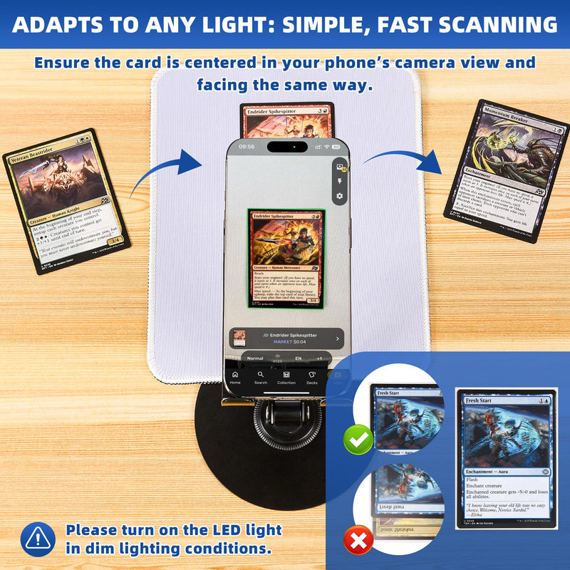 Card Scanner for Trading Cards–MTG & TCG Card Scanner Stand with Magnetic LED Light,Foldable Phone Holder for Scanning,Cards Quickly Scan and Price Check,Available for ManaBox with LED Light