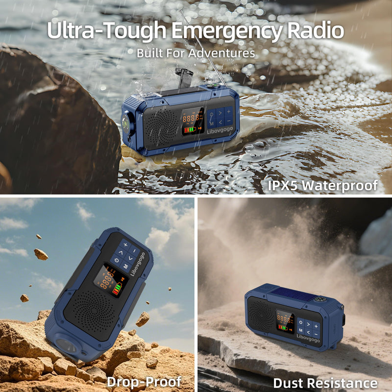 Emergency Weather Radio with IPX5 Waterproof Portable Bluetooth Speaker,USB-C Solar Hand Crank,NOAA Alarm AM FM Radio,Flashlight,SOS Alarm,2000mAh Cell Phone Charger for Camping and Survival (Blue) BLUE