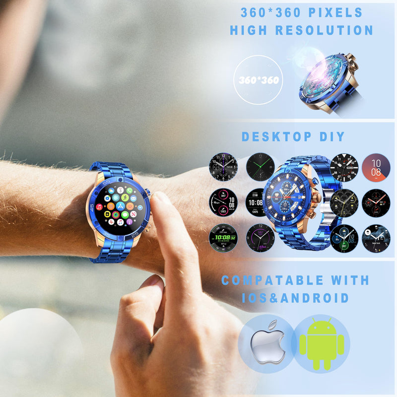 Men's Smart Watch Round HD 1.53" Gold Blue Smart Watches for Men, Multiple Sports Modes, Bluetooth Voice Call. Available for iOS and Android (Blue)
