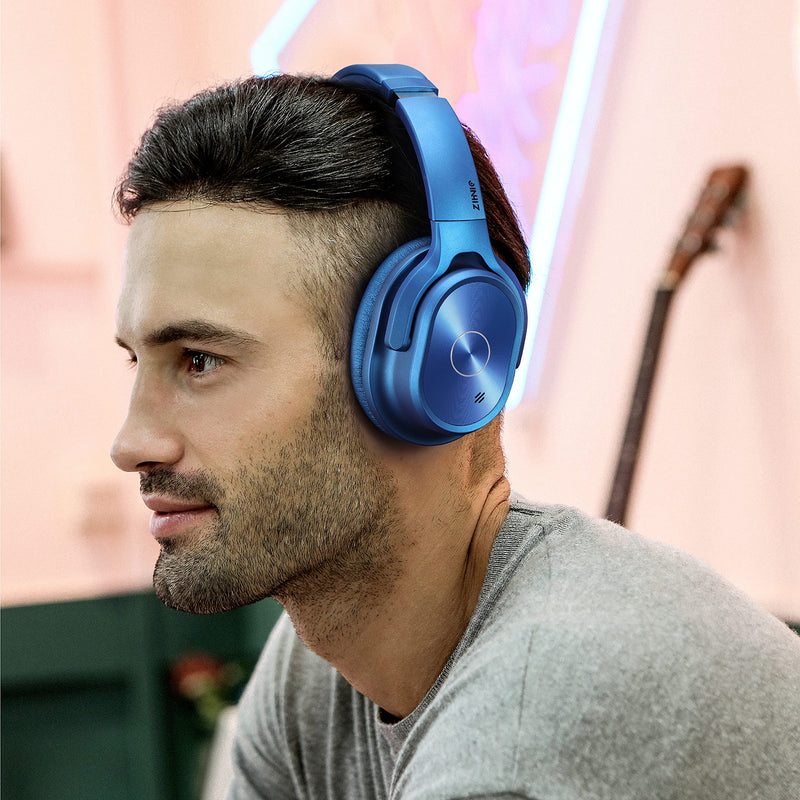 ZIHNIC Active Noise Cancelling Headphones, 40H Playtime Wireless Bluetooth Headset with Deep Bass Hi-Fi Stereo Sound,Over-Ear Headphone,Comfortable Earpads for Travel/Home/Office (Blue) Blue