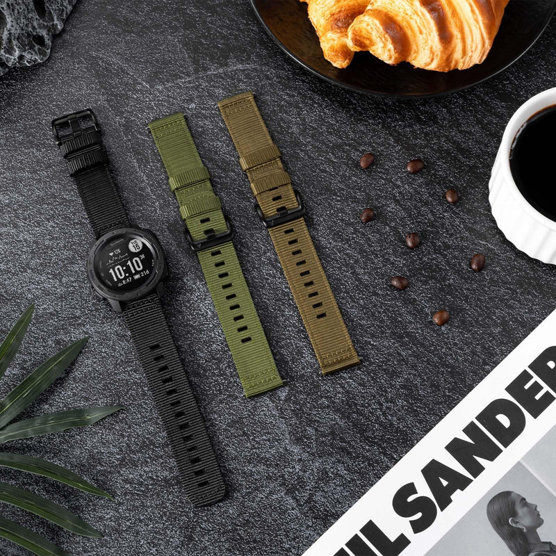 Rugged Nylon Watch Band Compatible with Garmin Instinct 1/2/3/E 45mm Strap | For Garmin Instinct watch band with perforated lightweight, breathable fabric nylon helps air flow and dries quickly 3 Pack: Black+Khaki+Green (Black buckle)