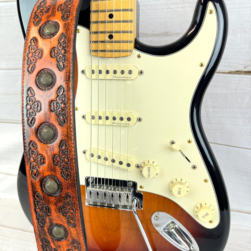 Walker & Williams GE-202 Antique Amber Tan Padded Guitar Strap with Brass Coin Studs, Brass Buckle, And Celtic Tooling For Acoustic, Electric, And Bass Guitars