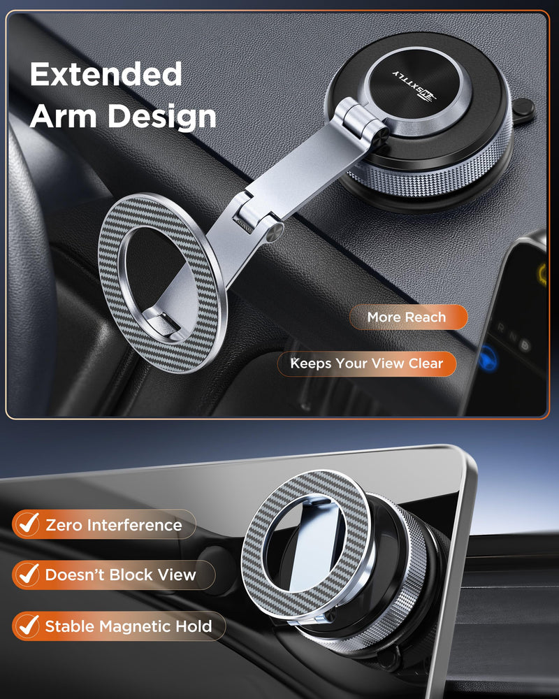 MSXTTLY Magnetic Car Phone Holder 360° Tesla Phone Mount for Magsafe | Foldable Hidden Longer Arms & Metal Build, Vacuum Suction,Washable Nano Gel Base,Strongest Magnet, Fits Tesla & Most Vehicles Space Gray