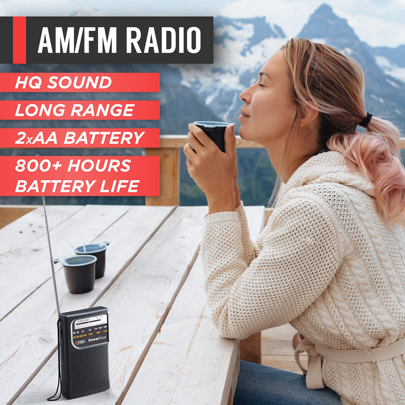 PowerBear Portable Radio | AM/FM, 2AA Battery Operated with Long Range Reception for Indoor, Outdoor & Emergency Use | Radio with Speaker & Headphone Jack (Black) Black