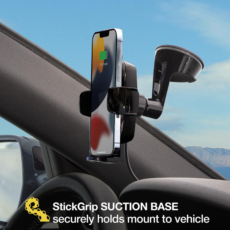 Scosche UQ3WDV-SP Windshield/Dashboard/Vent Qi-Certified 15W Wireless Charging Universal Cell Phone Car Mount, Adjustable Hands-Free Cell Phone Holder with Stick Grip, Black Gen 3 Windshield / Dash / Vent