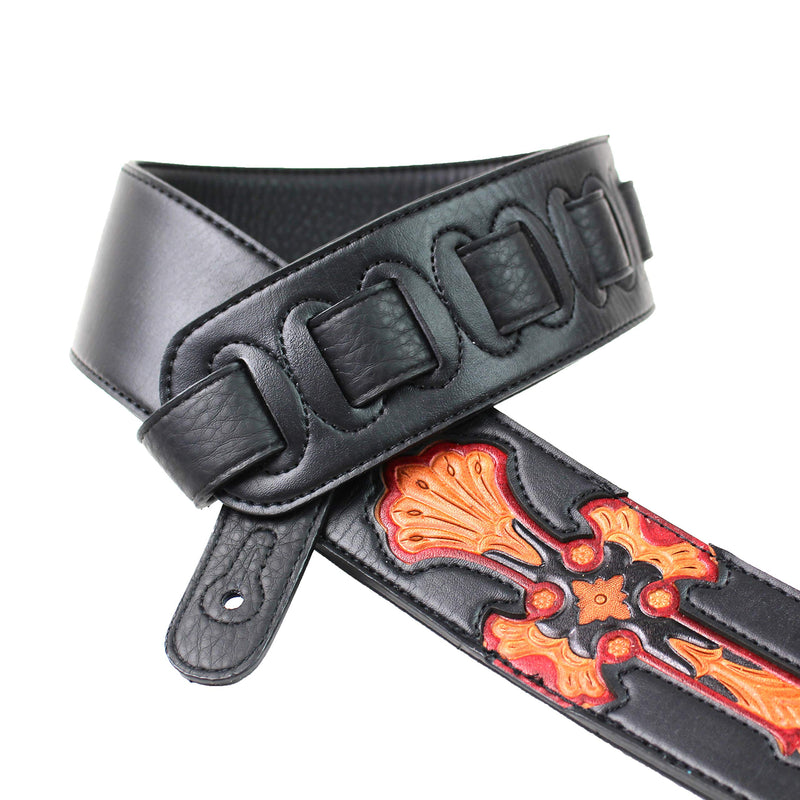 Walker & Williams CVG-23-BB Handmade Black On Black Padded Guitar Strap With Red Leather Hand Tooled Christian Cross Design For Acoustic, Electric, And Bass Guitars