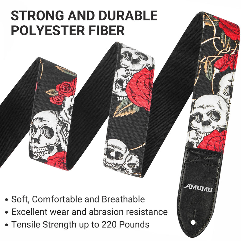Amumu Guitar Strap – 2" Rose SKull Pattern for Acoustic, Electric and Bass Guitars, Adjustable 36'' - 63"