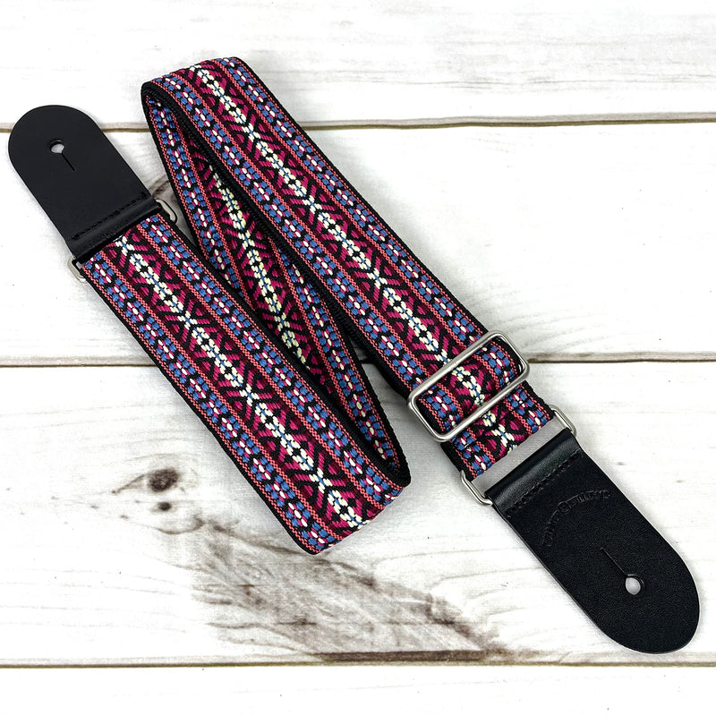 [AUSTRALIA] - Walker And Williams H-19-M Vintage Series Guitar Strap Red, Blue & Cream Yucatan Style Weave With Thick Leather Ends For Acoustic, Electric, And Bass Guitars 