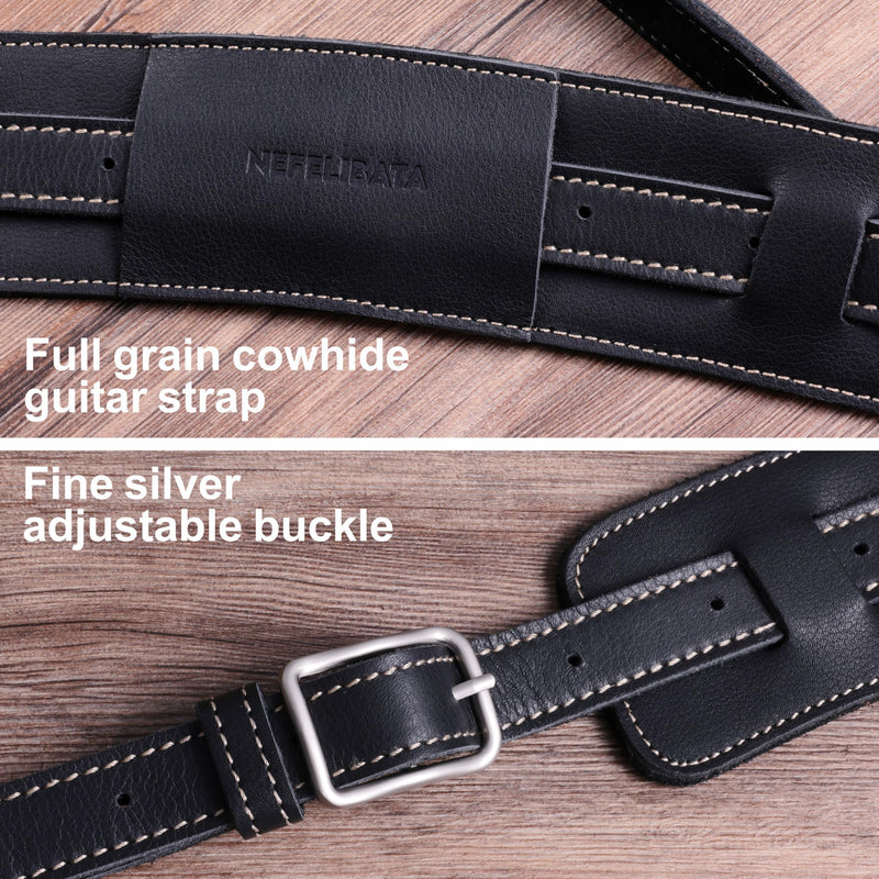 Nefelibata Guitar Strap/Bass Strap with Shoulder Pad and Bavarian Tumbled Cowhide Lining for Acoustic Guitar/Electric Guitar/Bass Black