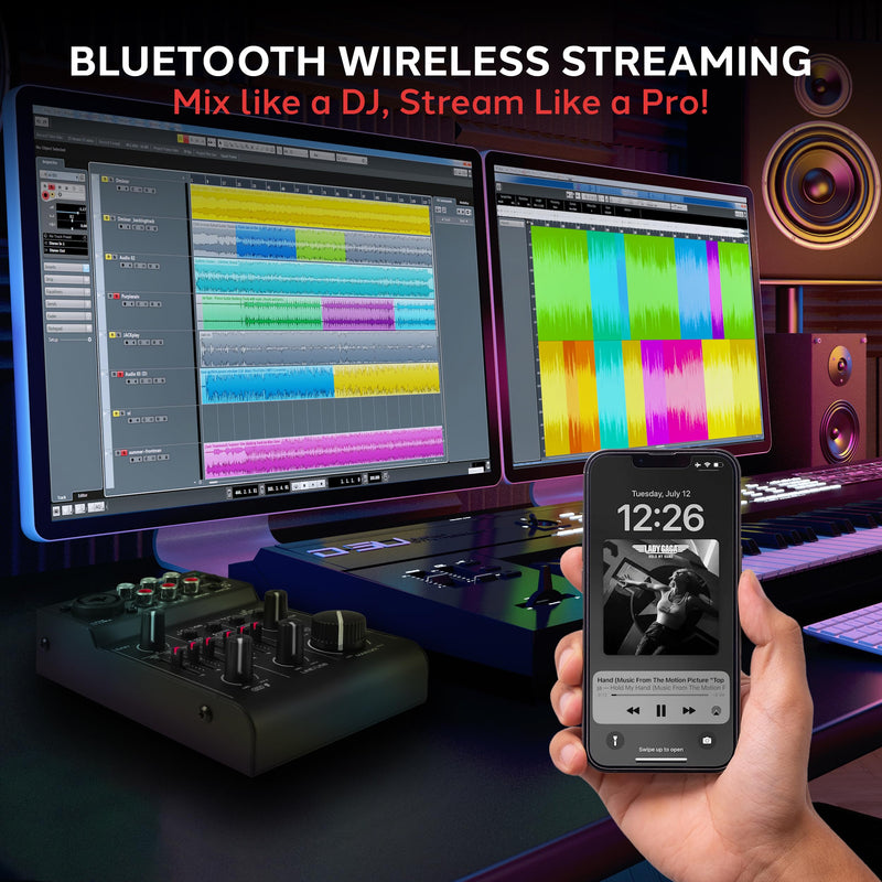 Pyle 3-Channel Bluetooth Audio Mixer – DJ Sound Controller & USB Soundcard Interface for PC Recording, XLR & 3.5mm Mic Input, RCA In/Out, 18V Power – Professional & Beginner DJ Mixer