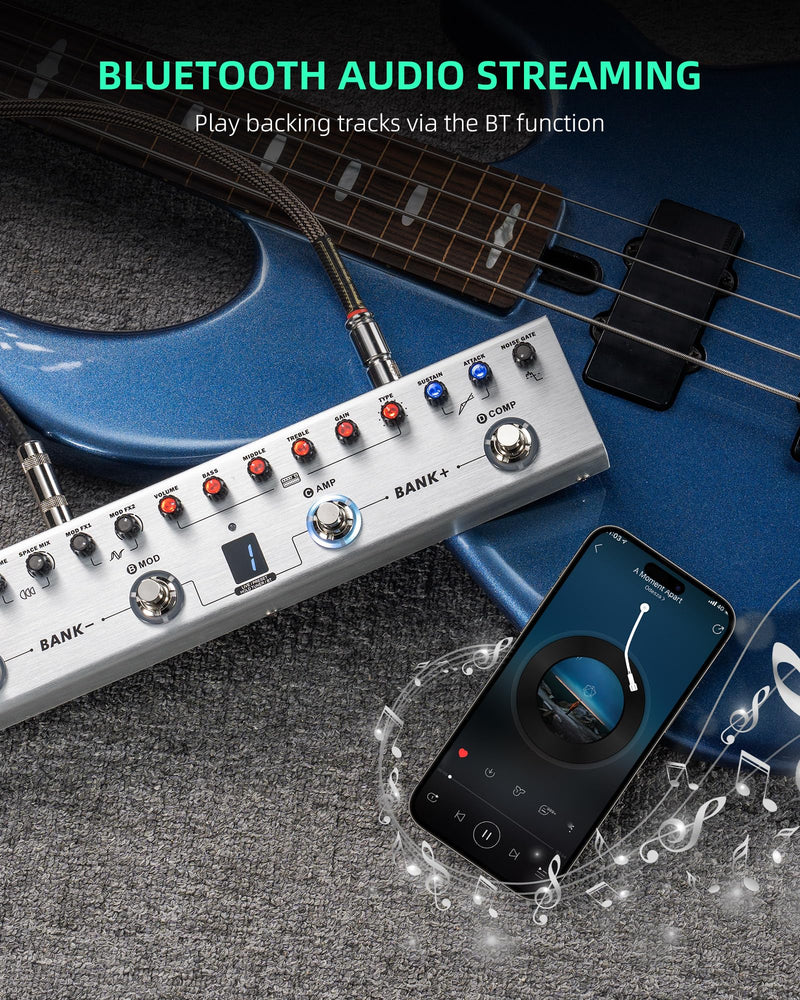 LEKATO Bass Multi Effects Pedal, Bass Effects Pedal with 36 Presets, Editable 4 Modules, Amp, Compressor, Mod, Space, Reverb, IR CAB, Tuner, BT Connection, Music Recording For Bass Guitar