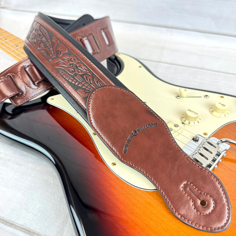 [AUSTRALIA] - Walker & Williams G-110 Mahogany Brown Padded Guitar Strap with Embossed Live Oak Tooling For Acoustic, Electric, And Bass Guitars 