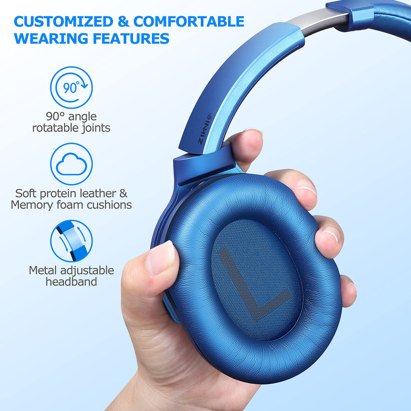 ZIHNIC Active Noise Cancelling Headphones, 40H Playtime Wireless Bluetooth Headset with Deep Bass Hi-Fi Stereo Sound,Over-Ear Headphone,Comfortable Earpads for Travel/Home/Office (Blue) Blue