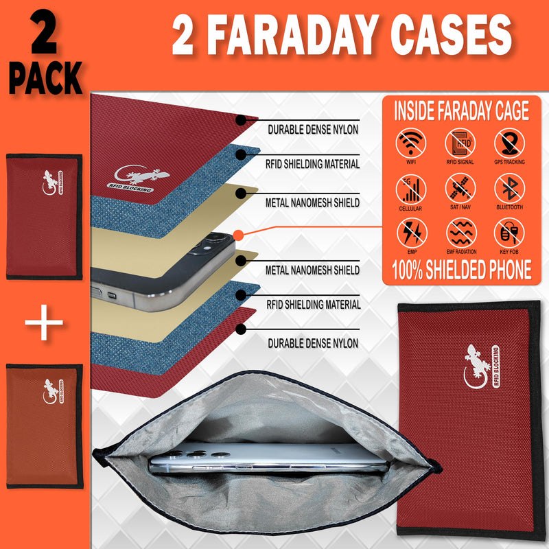 Faraday Bag Anti-Tracking GPS RFID Car Key Signal Blocker Wallet Shielding Pouch Protective Case for Cell Phone Car Key FOB, Data Privacy, Electronic Device Security (2 PACK - RED AND ORANGE) 2 PACK - RED AND ORANGE