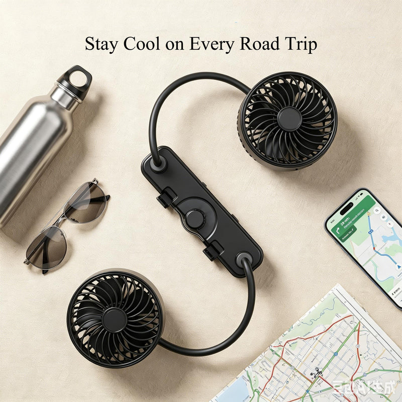 3000mAh Rechargeable Car Seat Fan, Dual Head 360° Flexible Headrest Fan for Car Backseat, Quiet USB Vehicle Cooling Fan with Storage Hooks for Rear Facing, Pets, SUV