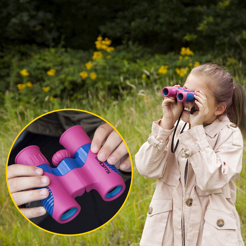 Kids Binoculars girls or boys Real Binoculars in Green Blue - Binoculars for Toddlers up to Kids age 14 - includes sticker book with 40 Bird Species