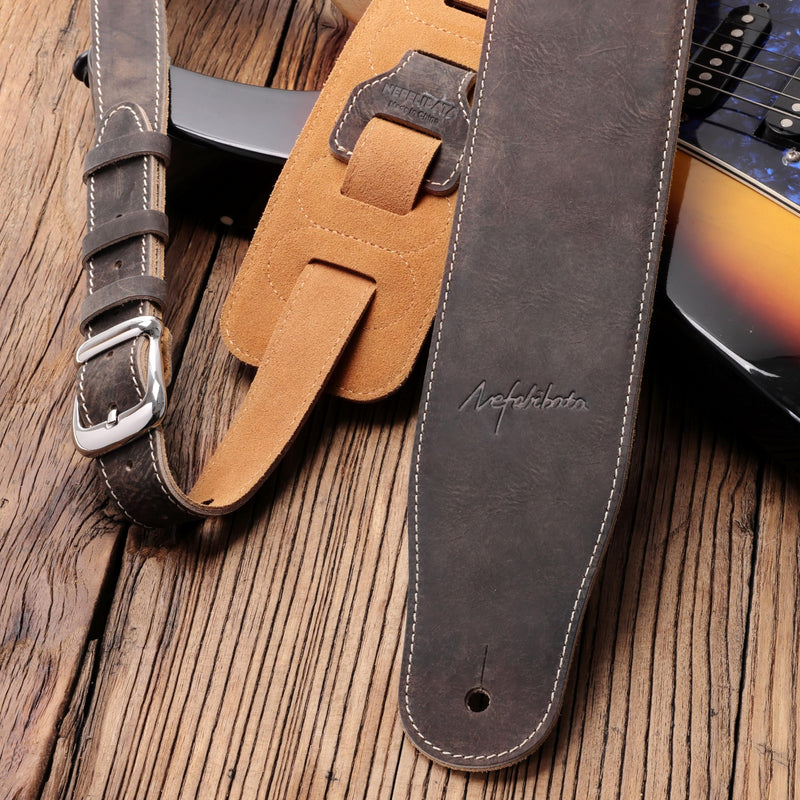 Nefelibata 3" Wide Extended Guitar Strap, Full Grain Cowhide Leather with Foam Padding and Detachable Extension Strap for Heavy Duty Guitars like Bass and Electric Guitar Brown