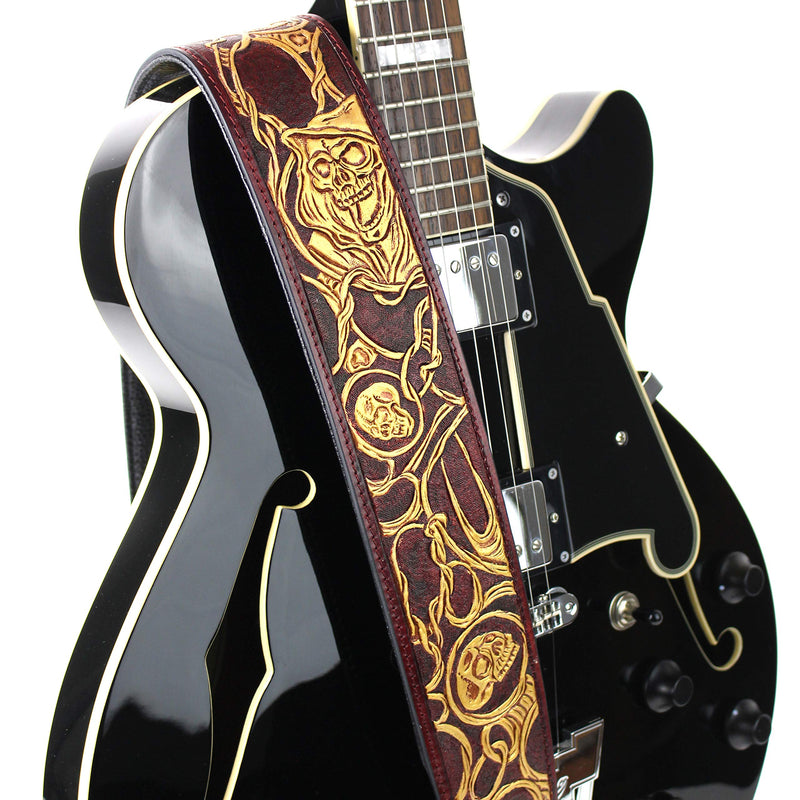 Walker And Williams LHR-45 Handmade Blood Red Premium Carving Leather Guitar Strap With Bright Gold Barbed Skull Carving And Padded Leather Back For Acoustic, Electric, And Bass Guitars