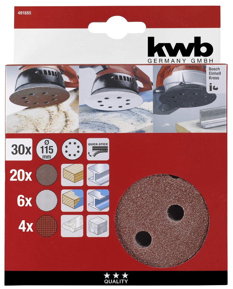kwb 30-Piece Sanding Disc Set Ø 115 Mm in Various Grit Sizes for Universal Use and All Common Random Orbital Sanders