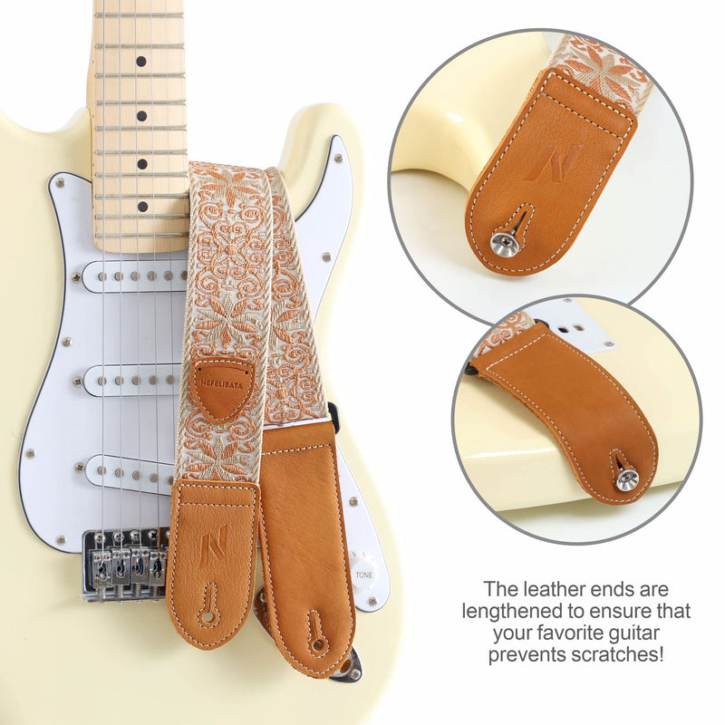 Nefelibata Guitar Strap,Double leather ends,Vintage Woven W/FREE BONUS-4 Picks+Strap Locks+Strap Button,Best Gift For Bass,Electric&Acoustic Guitars for Guitar(Vintage khaki yellow embroidery) A#-vintage Khaki Yellow Embroidery
