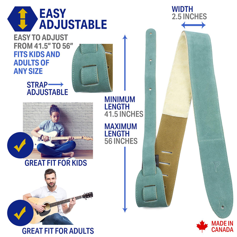 [AUSTRALIA] - Perri's Leathers Suede Guitar Strap with Sheepskin Pad, Anti-Slip, Adjustable 41"–56", Compatible with All Guitars Teal 