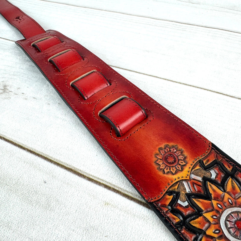 Walker & Williams LIH-3 Cherry Burst Red Hand Carved Premium Leather Guitar Strap With Black Zodiac Star Design And Premium Padded Leather Back For Acoustic, Electric, And Bass Guitars
